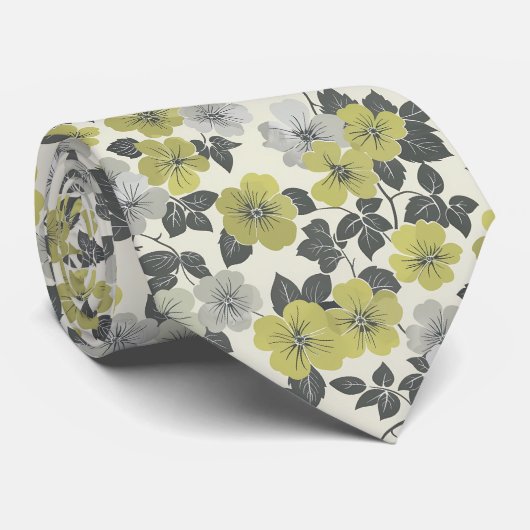 Cravate Fleurs d'olive dans les tons vert et gris (Roulé)