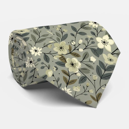 Cravate Fleurs d'olive vert et blanc (Roulé)