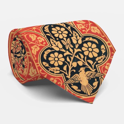 CRAVATE FLEURS D'OR BLEU ROUGE ET OISEAUX BLANCS (Roulé)