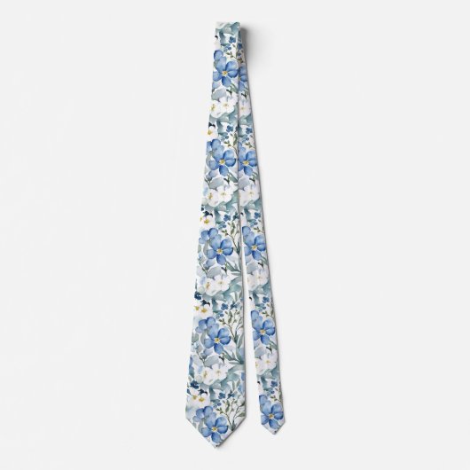 Cravate Fleurs Elégante Aquarelle Bleu Élégant Blanc (Devant)