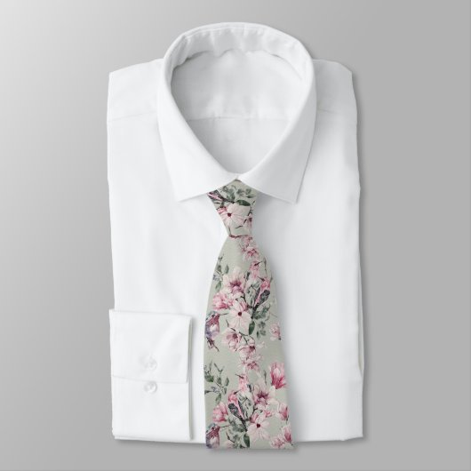 Cravate Fleurs élégantes Oiseaux Motif Rose Vert (Attaché)