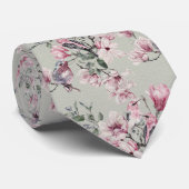 Cravate Fleurs élégantes Oiseaux Motif Rose Vert (Roulé)