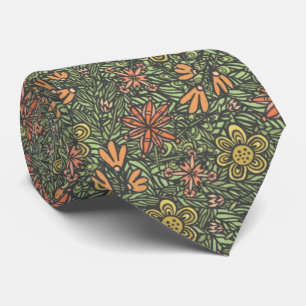 Cravate Fleurs et feuillages ornés, vert & orange