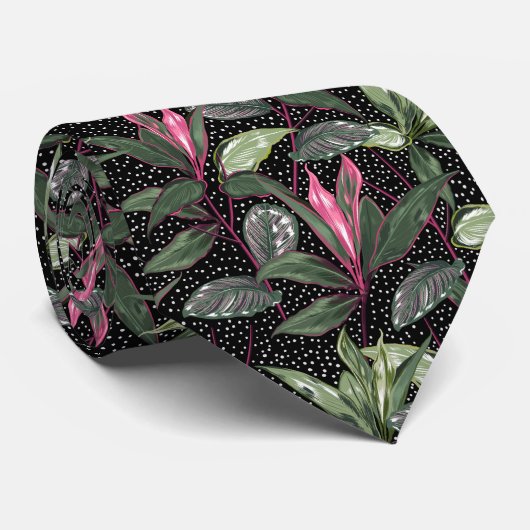 Cravate Fleurs et feuilles tropicales rose vif points sur (Roulé)