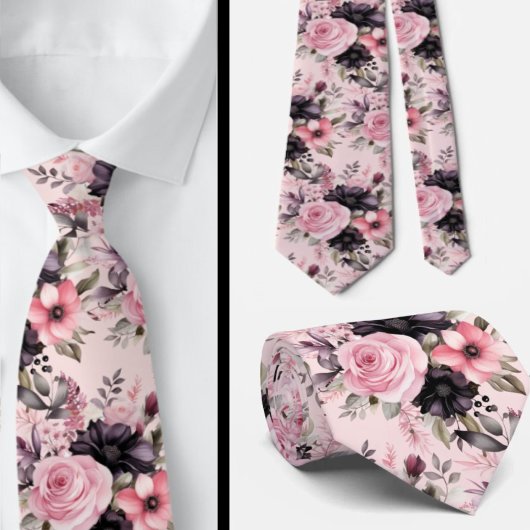 Cravate Fleurs florales roses et noires de goth