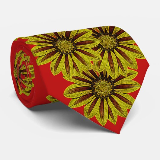Cravate Fleurs grandes marguerites rayées rouges et jaunes (Roulé)
