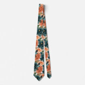 Cravate Fleurs H2 sarcelle et roses orange rouille (Devant)