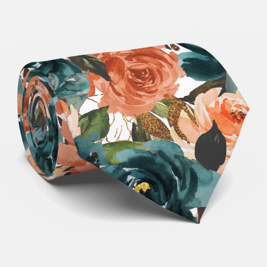 Cravate Fleurs H2 sarcelle et roses orange rouille (Roulé)
