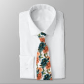 Cravate Fleurs H2 sarcelle et roses orange rouille (Attaché)