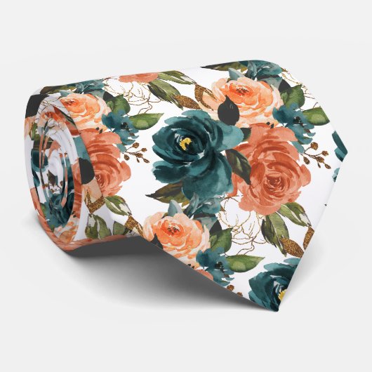 Cravate Fleurs H2 sarcelle et roses orange rouille (Roulé)