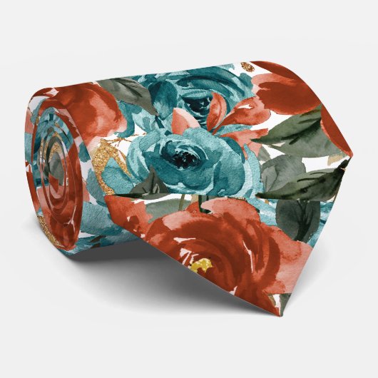 Cravate Fleurs H2 sarcelle vert rouille orange roses (Roulé)