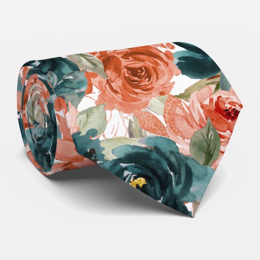 Cravate Fleurs H2 sarcelle vert rouille orange roses (Roulé)