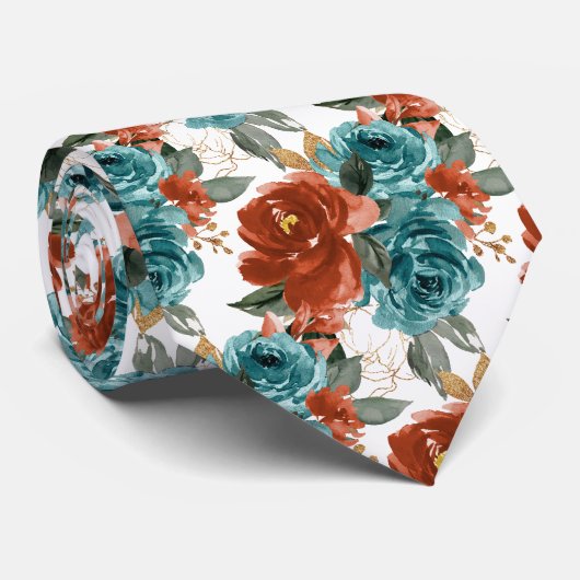 Cravate Fleurs H2 Sarcelle Vert Rouille Orange Roses (Roulé)