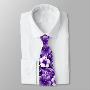 Cravate Fleurs hawaïennes tropicales Hibiscus Motif violet