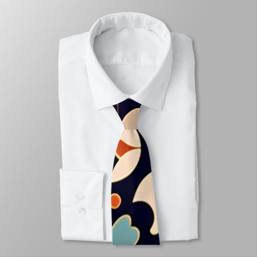 Cravate Fleurs Isométriques Bleu Orange Floral Motif Rétro (Attaché)