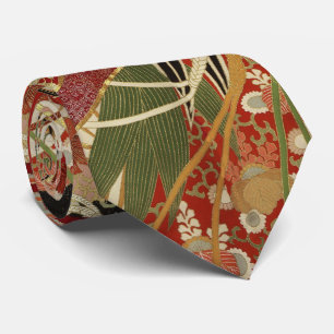 Cravate FLEURS JAPONAISES ANCIENNES Rouge Vert Noir Floral
