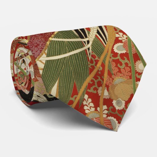 Cravate FLEURS JAPONAISES ANCIENNES Rouge Vert Noir Floral (Roulé)