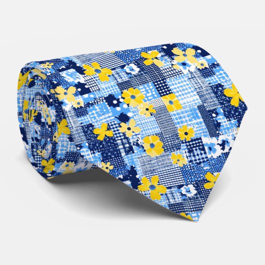 Cravate Fleurs jaunes Motif bleu (Roulé)
