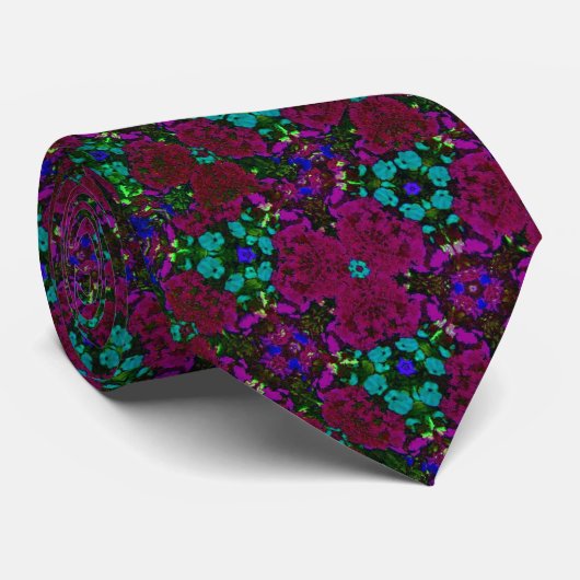 Cravate Fleurs kaléidoscope violet, vert et bleu Motif (Roulé)