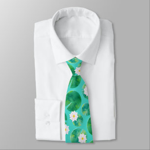 Cravate Fleurs Lys d'Eau Blanche & Motif Lily Pad