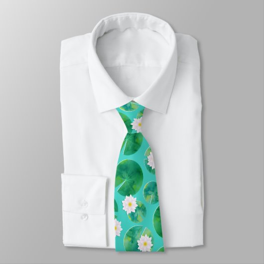 Cravate Fleurs Lys d'Eau Blanche & Motif Lily Pad (Attaché)
