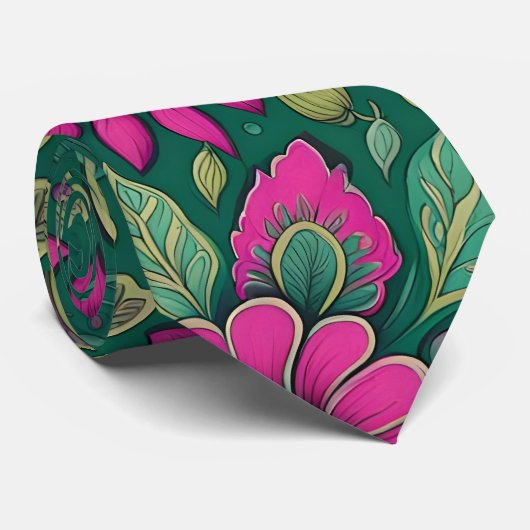 Cravate Fleurs Mandala Blossoms rose vert (Roulé)