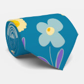 Cravate Fleurs marguerites Crème Bleue Jaune Violet Kingfi (Roulé)