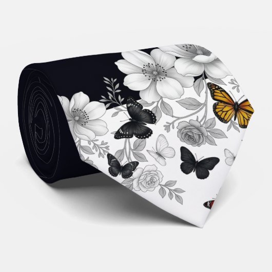 Cravate Fleurs noires et blanches et papillons (Roulé)