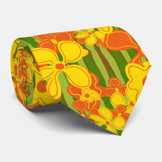 Cravate Fleurs orange jaune rétro des années 1970 (Roulé)