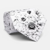 Cravate Fleurs Ornementales Noir et Blanc (Roulé)