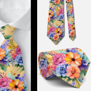 Cravate Fleurs printanières arc-en-ciel coloré floral aqua