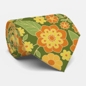 Cravate Fleurs rétro - or vert olive orange (Roulé)