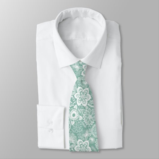 Cravate Fleurs rétro vertes blanches et pâles motif (Attaché)