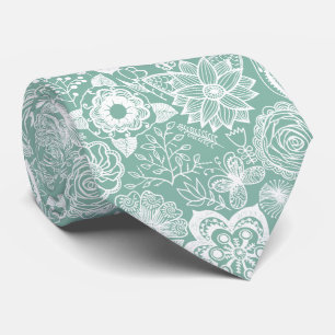 Cravate Fleurs rétro vertes blanches et pâles motif