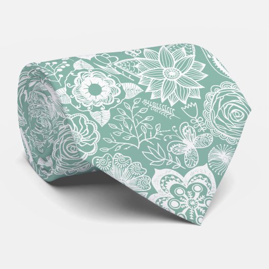 Cravate Fleurs rétro vertes blanches et pâles motif (Roulé)