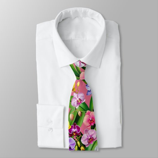 Cravate Fleurs Rose Bleu Jaune Lilas Vert Orchidée (Attaché)