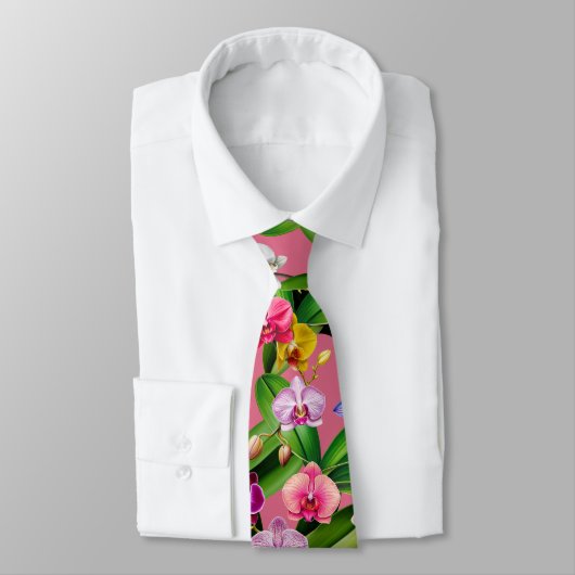 Cravate Fleurs Rose Bleu Jaune Lilas Vert Orchidée (Attaché)