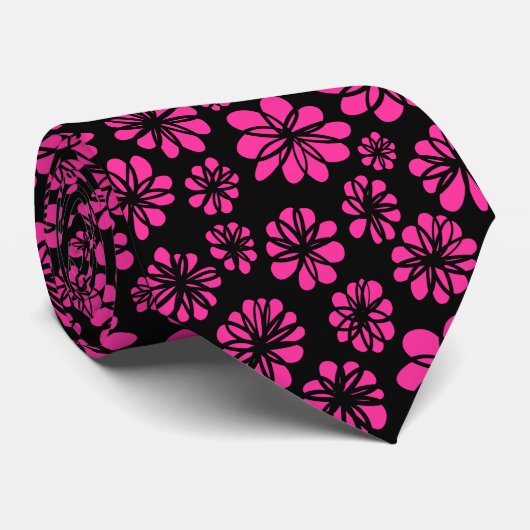 Cravate Fleurs - Rose chaud sur noir (Roulé)