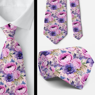 Cravate Fleurs rose poudré et violet pourpre Floral