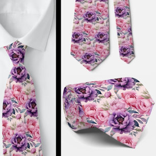Cravate Fleurs rose poudré et violet pourpre Floral