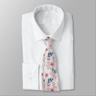 Cravate Fleurs roses délicates avec feuillage bleu atténué