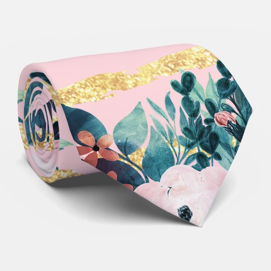 Cravate Fleurs roses Peinture Or Grilles Girly Design (Roulé)