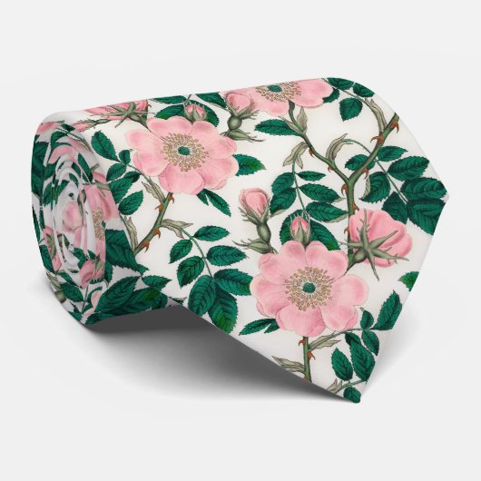 Cravate Fleurs Roses roses et Motif Feuille vert (Roulé)