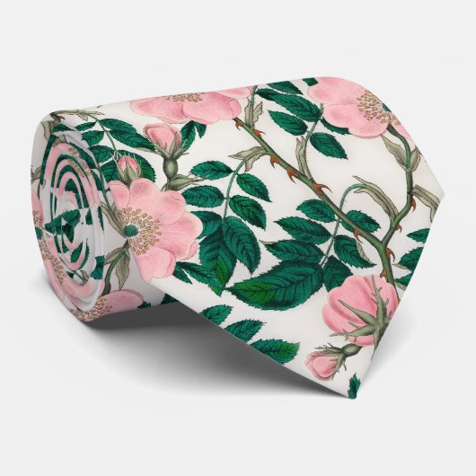 Cravate Fleurs Roses roses et Motif Feuille vert (Roulé)