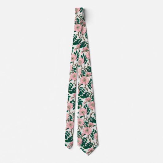 Cravate Fleurs Roses roses et Motif Feuille vert (Dos)