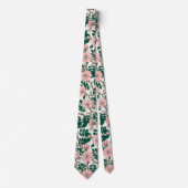 Cravate Fleurs Roses roses et Motif Feuille vert (Devant)