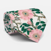 Cravate Fleurs Roses roses et Motif Feuille vert (Roulé)