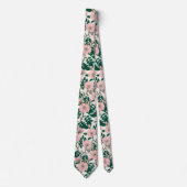 Cravate Fleurs Roses roses et Motif Feuille vert (Devant)