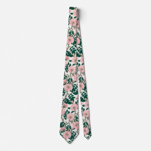 Cravate Fleurs Roses roses et Motif Feuille vert (Devant)