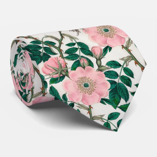 Cravate Fleurs Roses roses et Motif Feuille vert (Roulé)